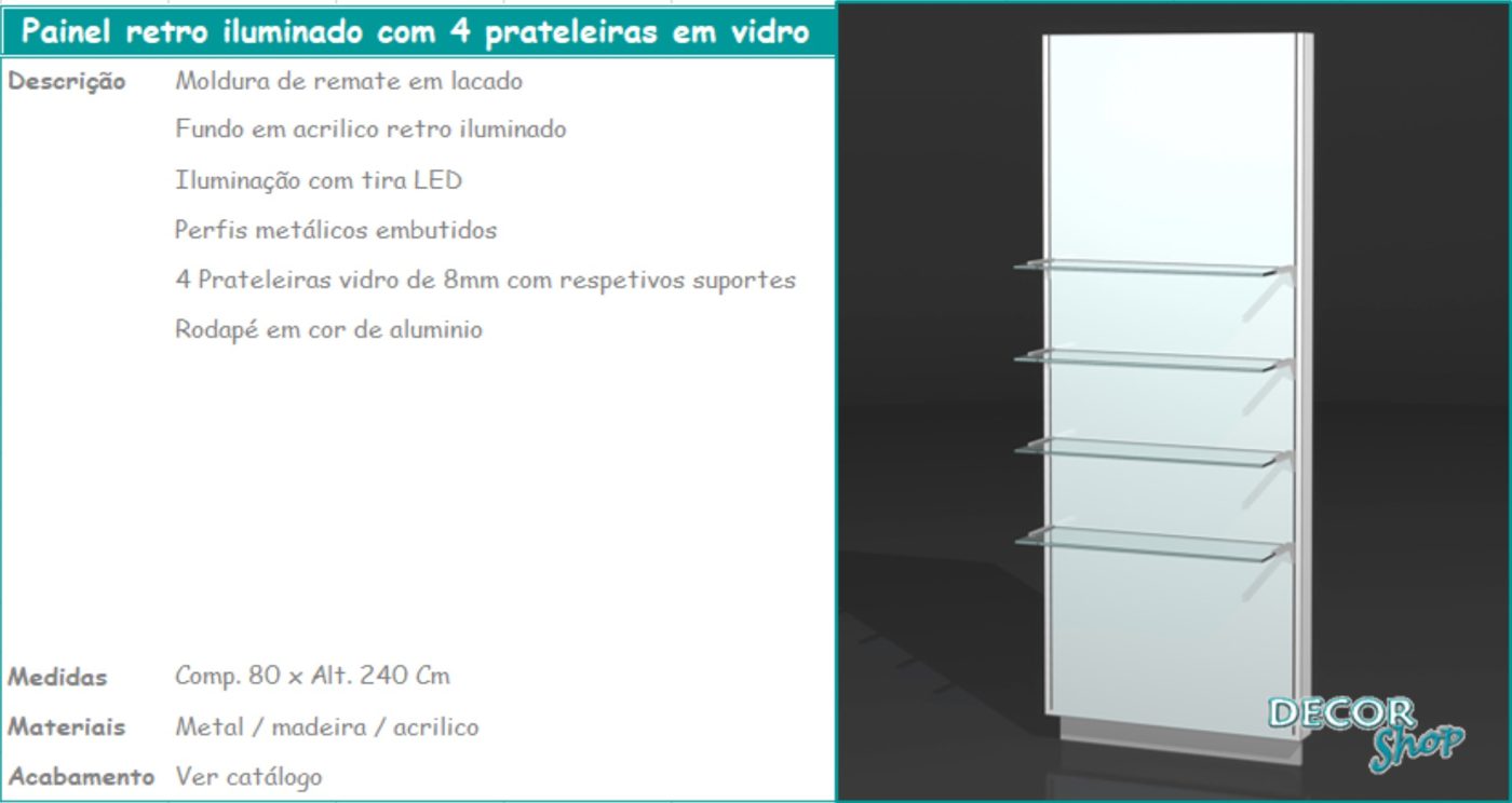 Painel Retro Iluminado 4 Prateleiras Vidro