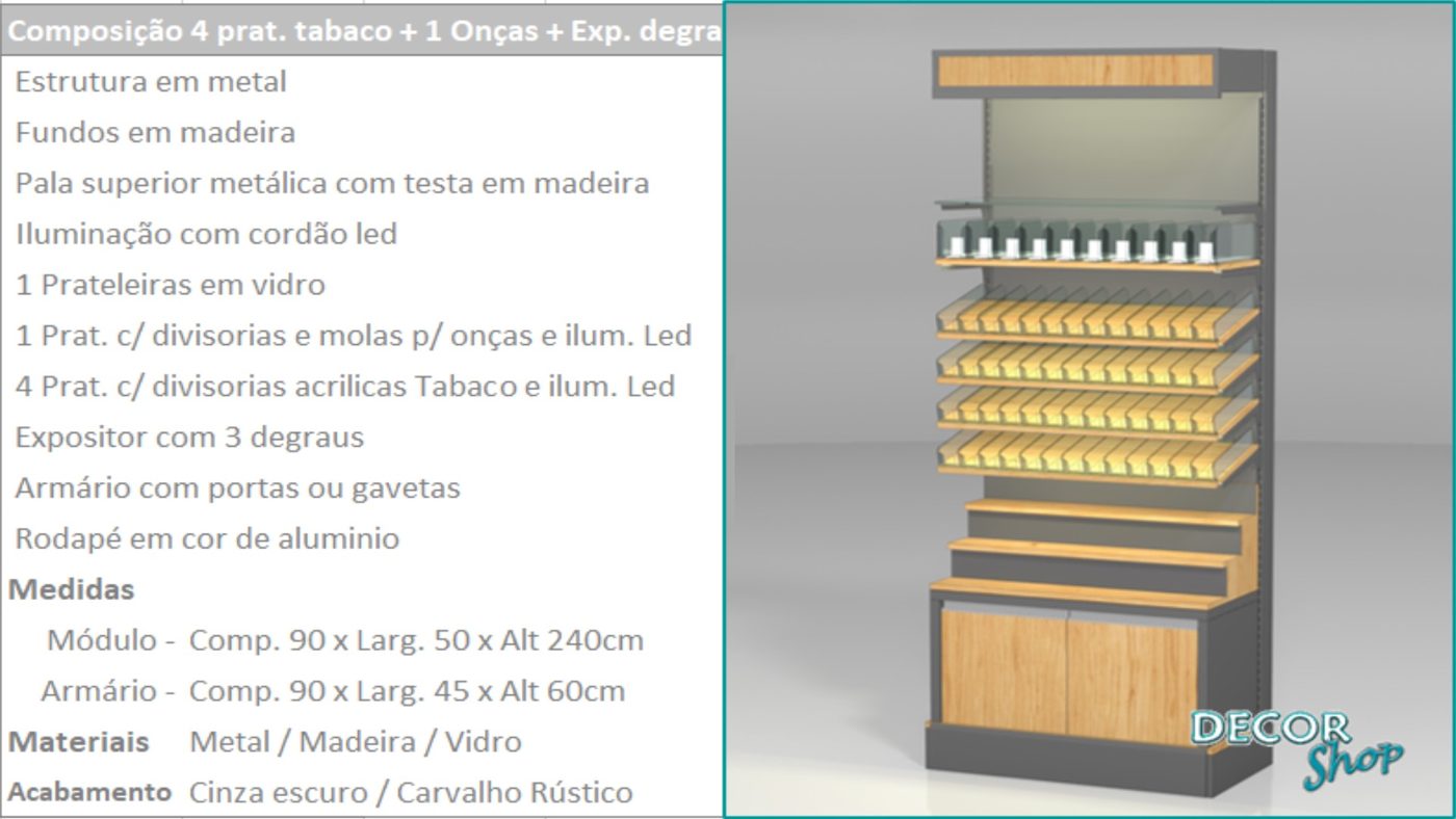 Módulo 4 Prateleiras Tabaco Onças Expo Degraus