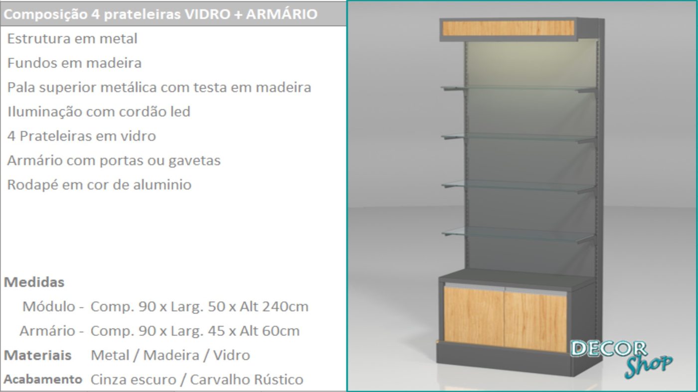 Módulo 4 Prateleira Vidro e Armário