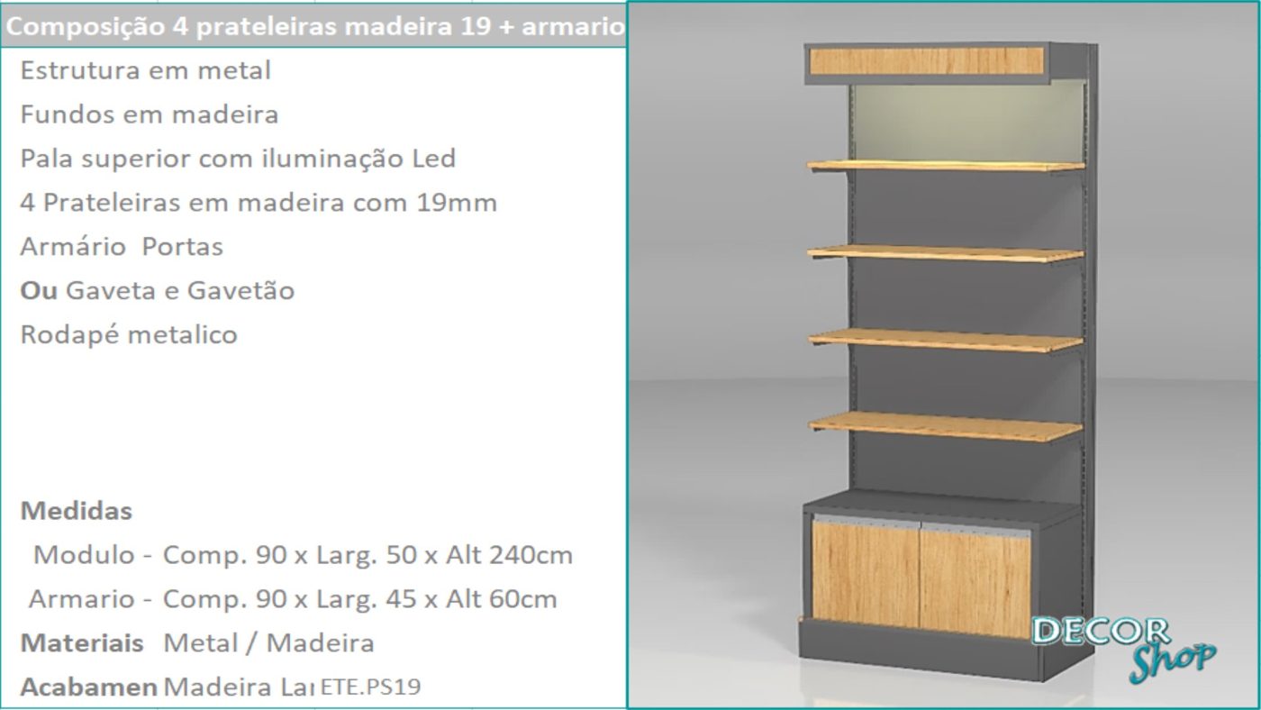 Módulo 4 Prateleiras Madeira Armário