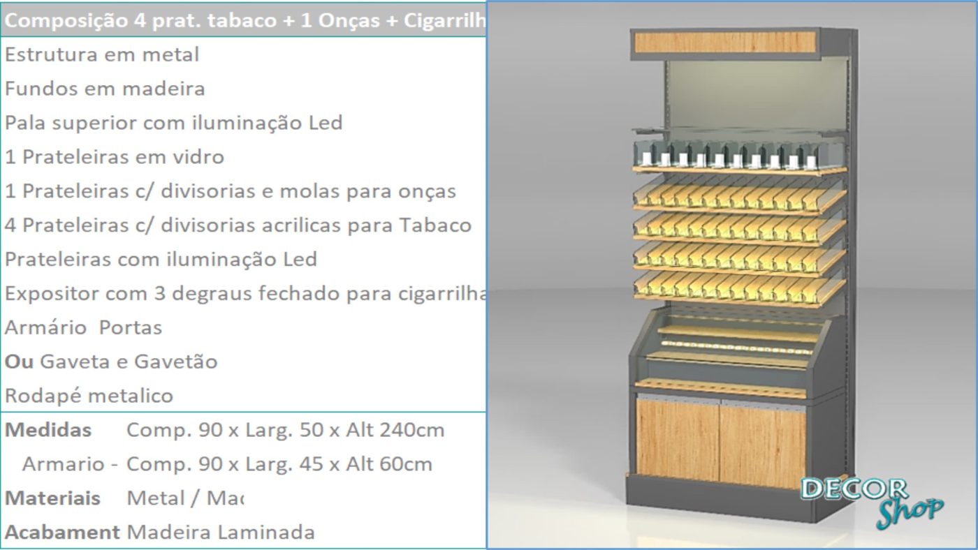 Módulo 4 Prateleiras Tabaco 1 Prateleiras Onças 1 Exposição Cigarrilhas