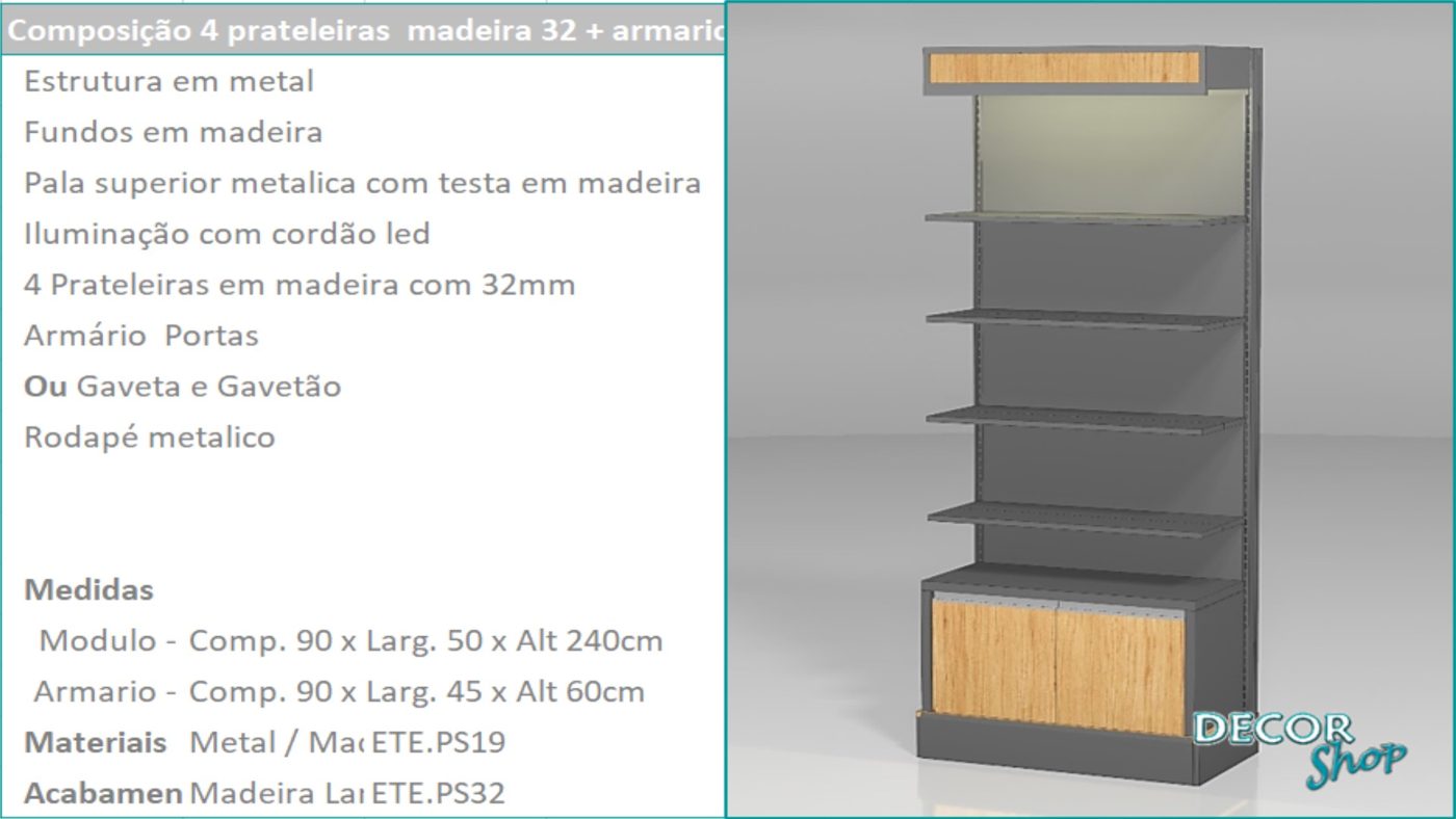 Módulo 4 Prateleiras Madeira 32 mm Armário