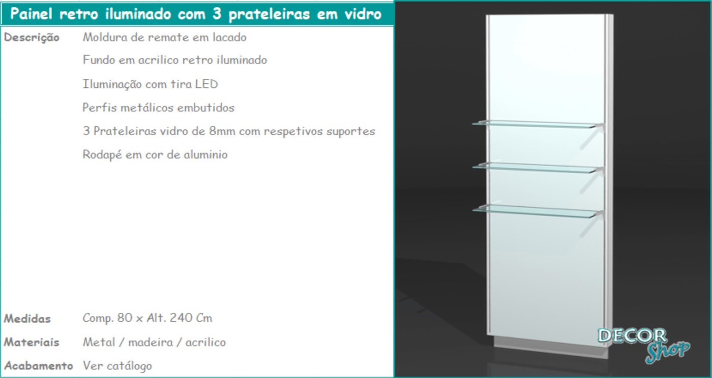 Painel Retro Iluminado 3 Prateleiras Vidro
