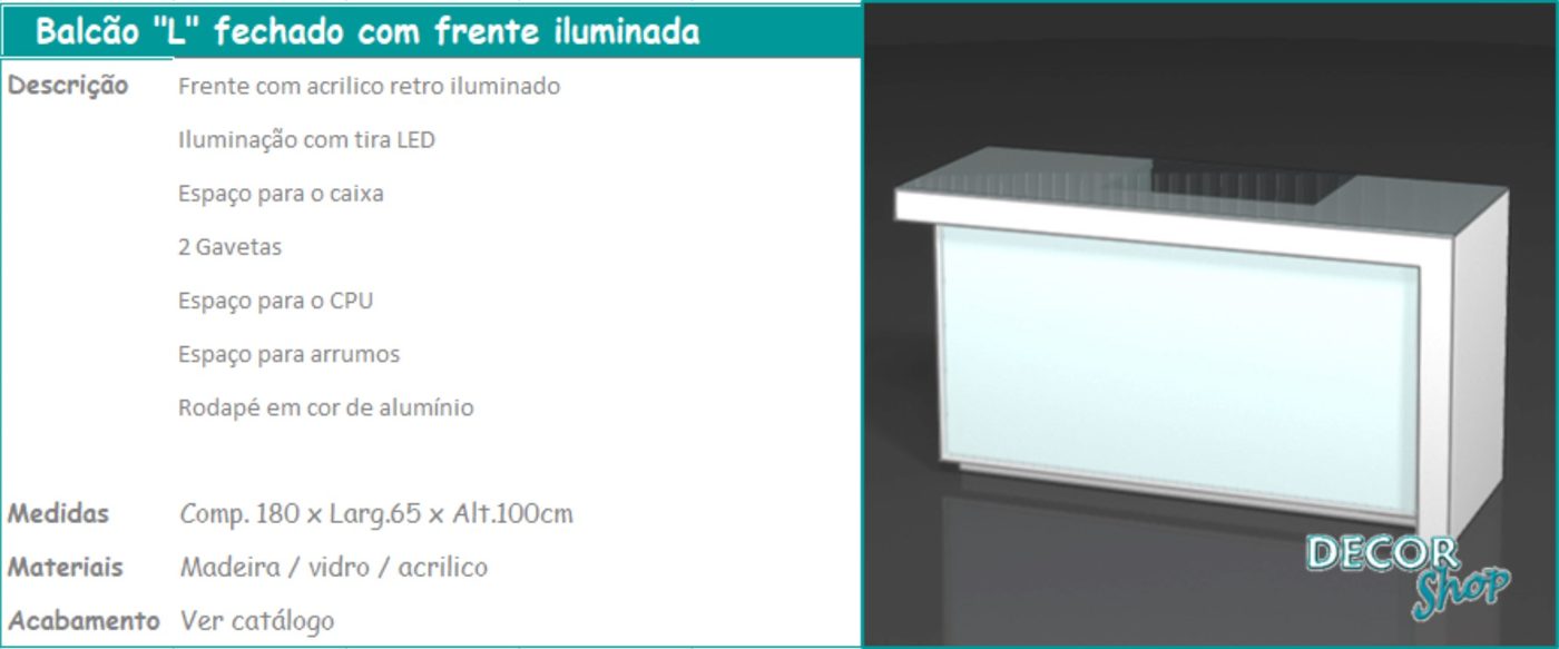Balcão “L” Fechado Frente Iluminada