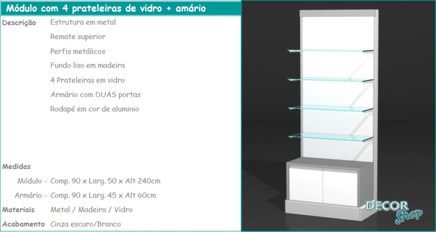 Módulo 4 Prateleiras de Vidro Armário