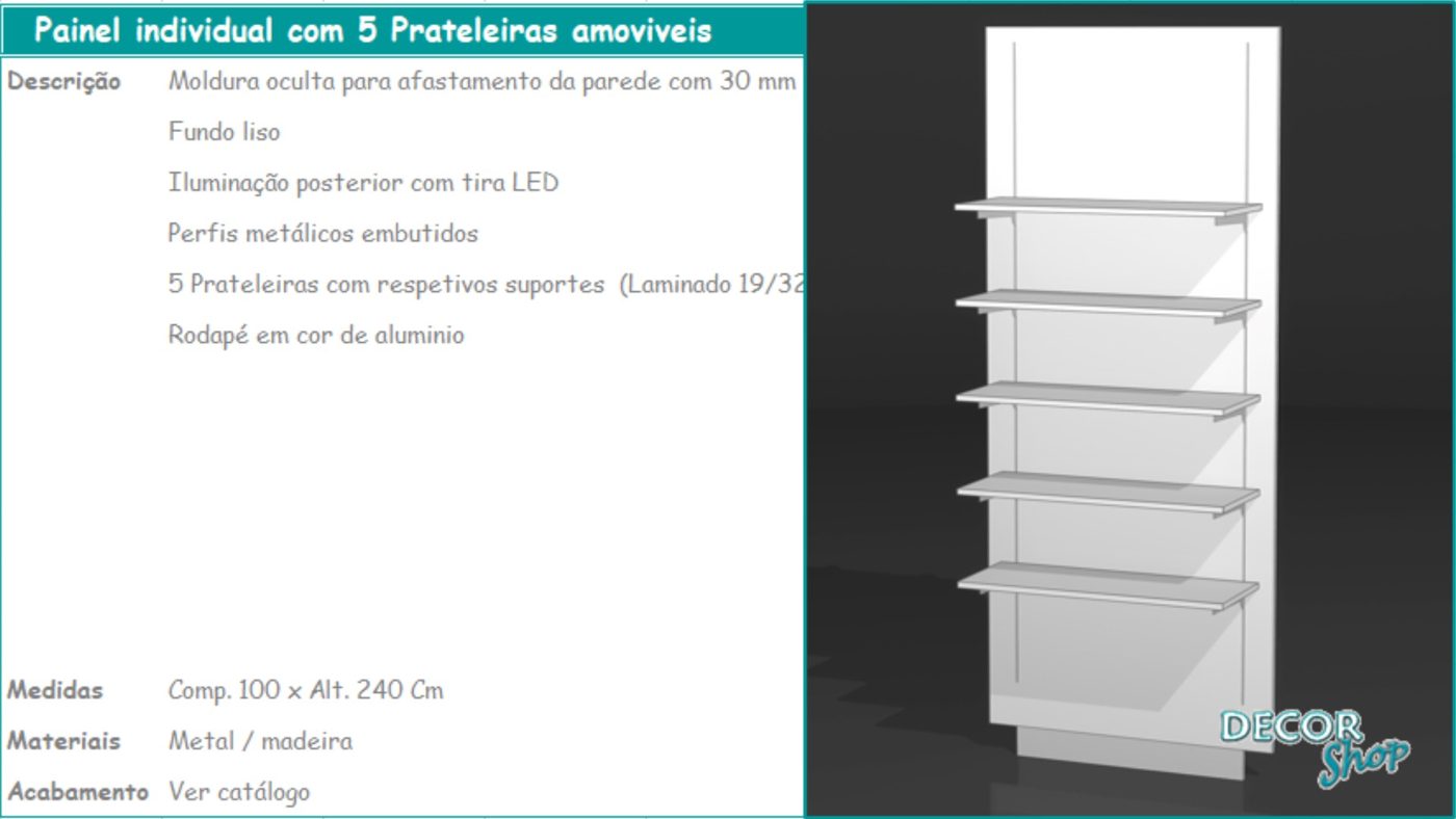 Painel Individual 5 Prateleiras Amovíveis