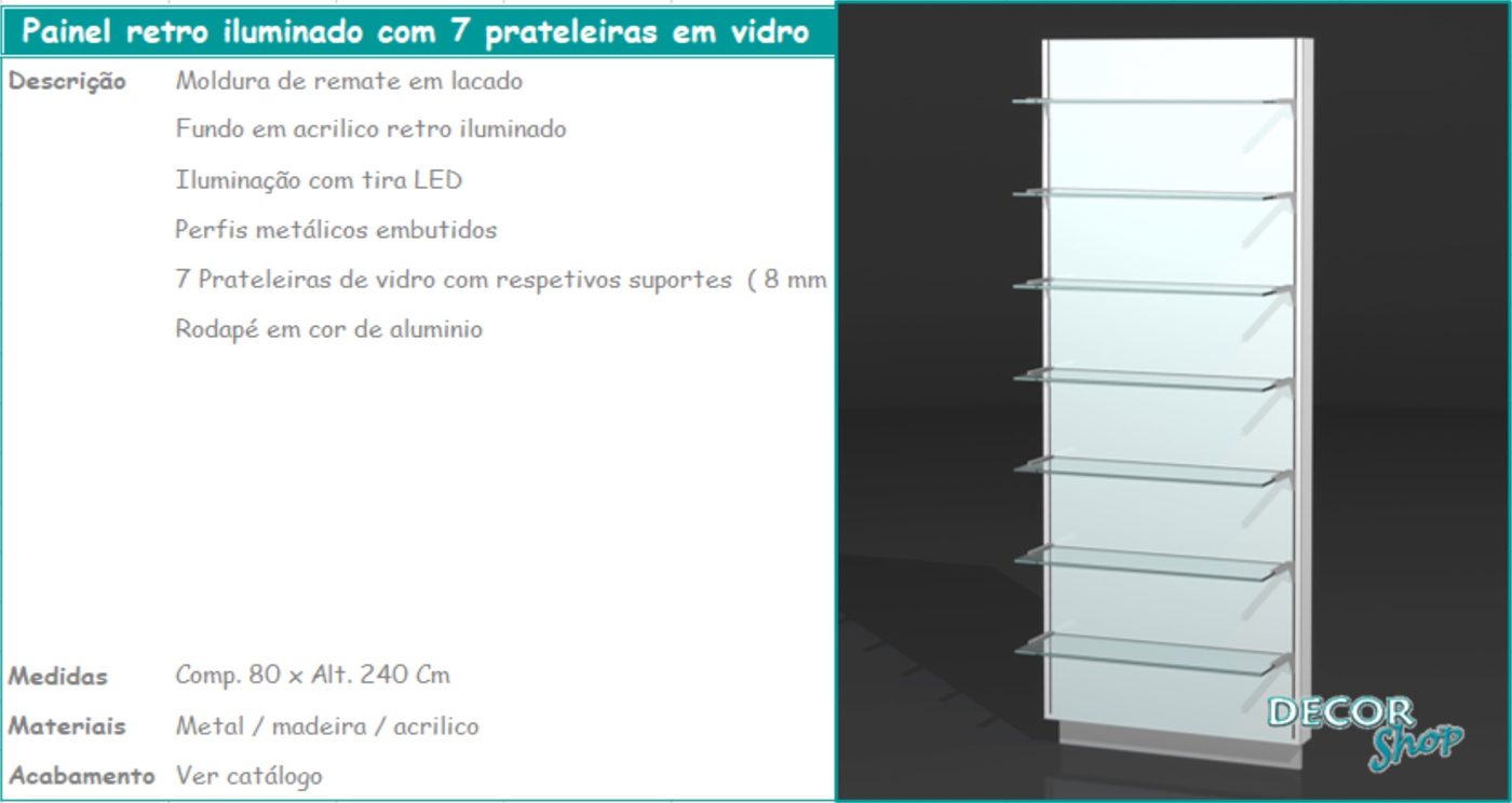 Painel Retro Iluminado 7 Prateleiras Vidro