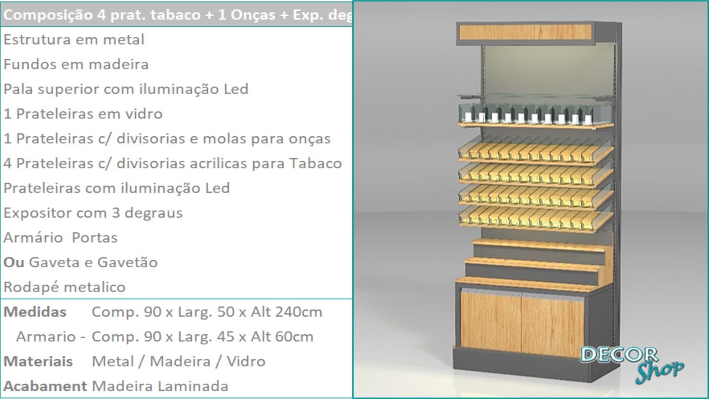 Módulo 4 Prateleiras Tabaco 1 Prateleiras Onças Exposição Degraus